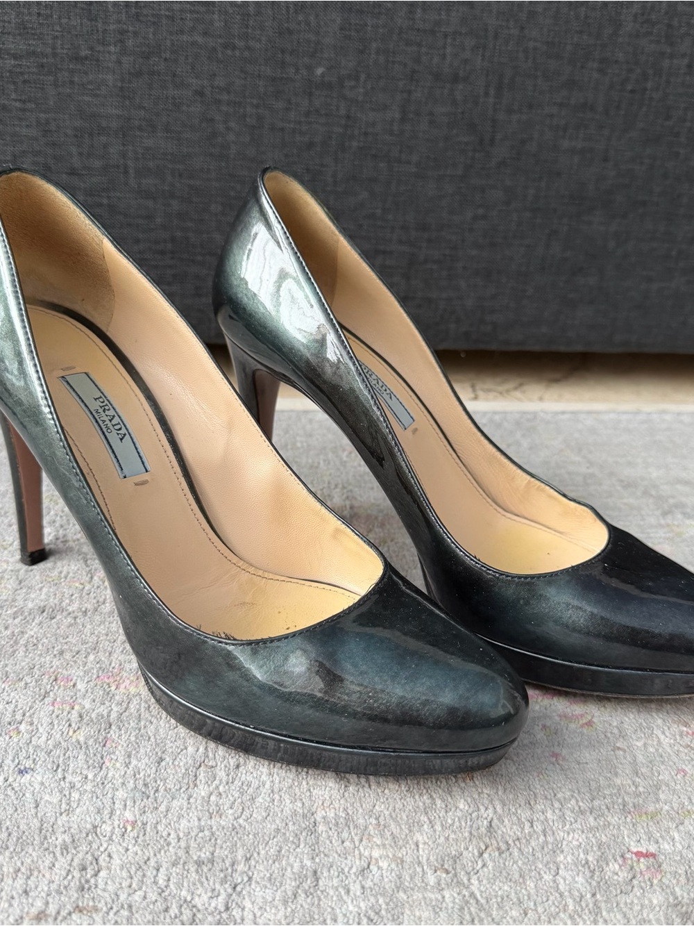 Prada Metallic Teal Patent Leather High Heel Pumps